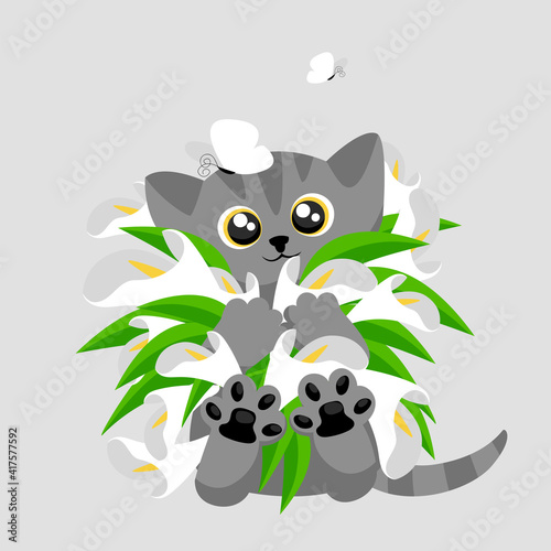 a kitten with flowers. vector greeting card with a cute cat and a bouquet of calla lilies