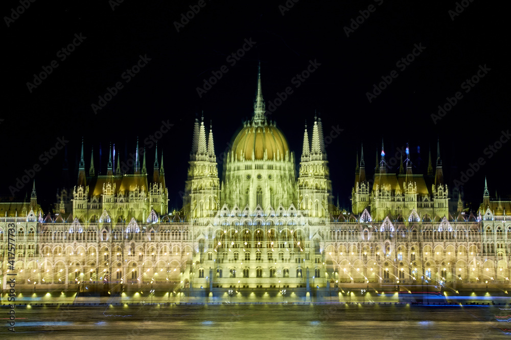 Hungarian Parliament at night Budapest. One of the most beautiful buildings in the Hungarian capital.