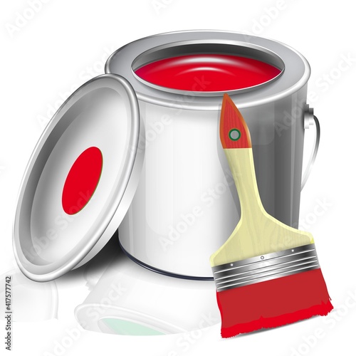 Jar with a red brush and a lid. Illustration with reflection and shadow. Template for the design of showcases, banners.