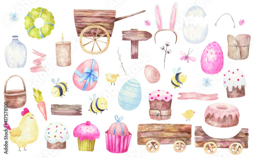 set of Easter items  Easter cakes  carts  eggs  bees  flowers   illustration on a white background