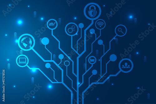Circuit board with various technology elements, Digital technology background, Internet connection concept. vector illustration