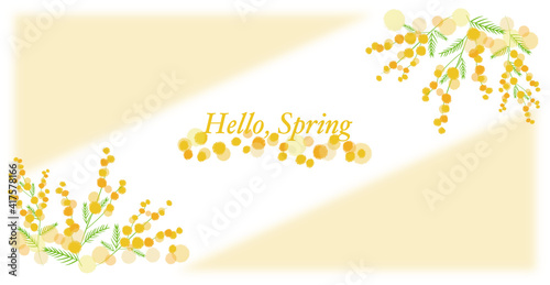 Spring flowers frame for web, banner and graphics design. Hello, Spring illustration. Vector illustration. ミモザフレーム、春デザインフレーム、春バナーデザイン
