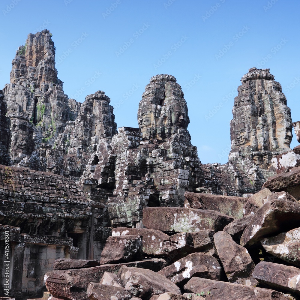 Cambodia landmarks - Bayon temple at Angkor complex.
