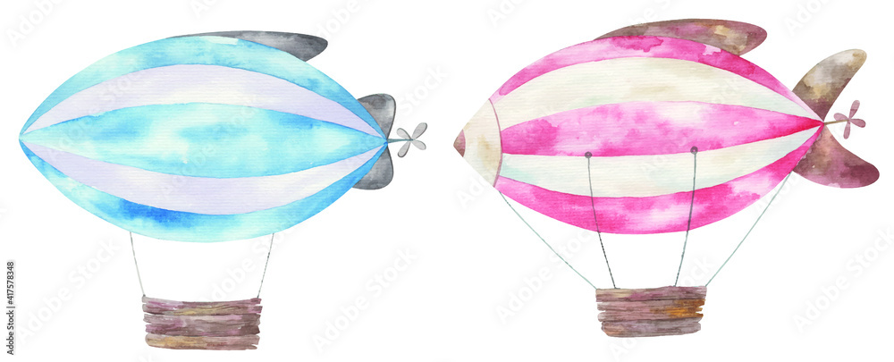 set of striped airships with red and blue stripes, cute illustration set of striped airships with red and blue stripes, cute illustration