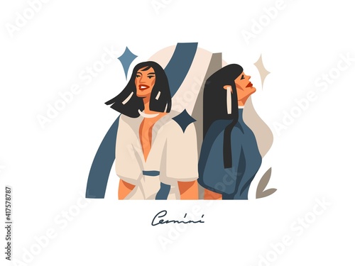 Hand drawn vector stock abstract flat graphic illustration with zodiac astrological sign Gemini with beauty magic female collection,cartoon artistic design isolated on white background