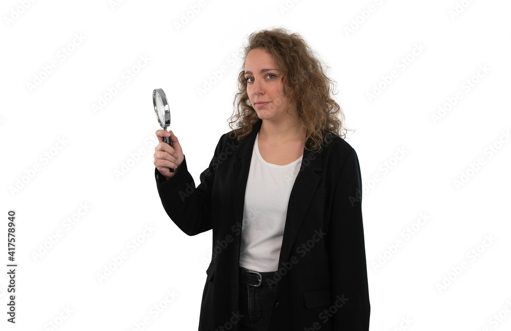 Woman with a magnifying glass in her hand on white background. Search concept. Woman with a magnifying glass in her hand on white background. Search concept.