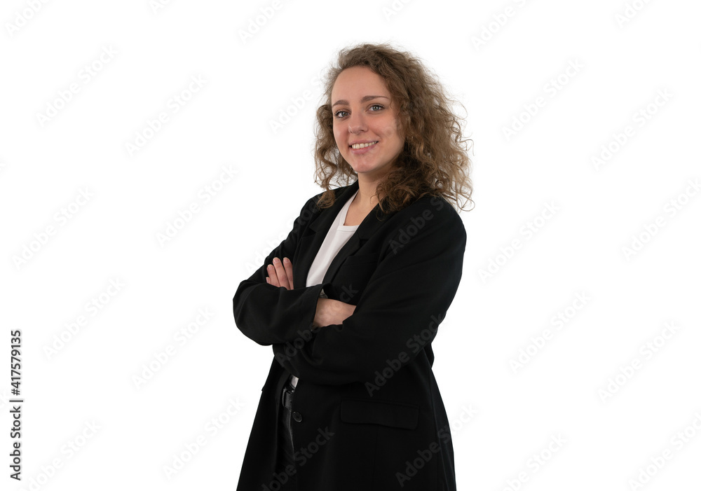 Business woman in suit with crossed arms isolated on white background. Business woman in suit with crossed arms isolated on white background.