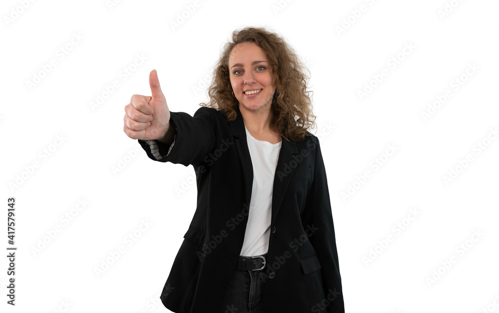 Business woman in suit gesturing thumb up isolated on background. Business woman in suit gesturing thumb up isolated on background.