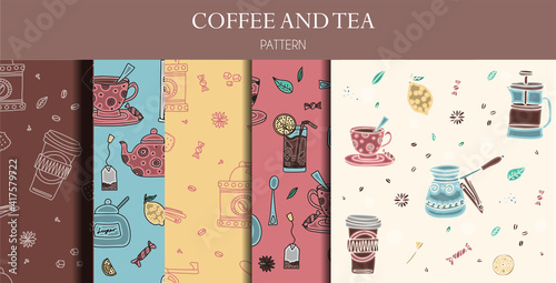 Seamless patterns of hand drawn coffee and tea doodles. A set of isolated vector drawings for tea drinking and making all kinds of coffee. A set of isolated vector drawings for tea drinking and making