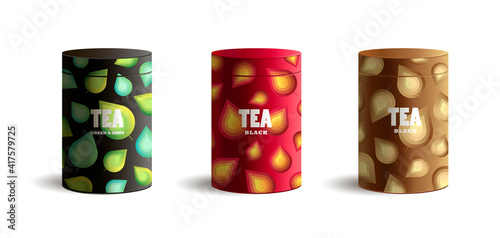 Set of package for tea with stylized graphic of tea leaves pattern on realistic tube cylinder box in tree colors