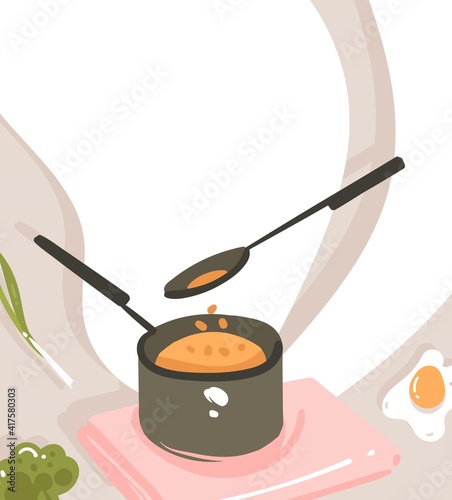 Hand drawn vector abstract modern cartoon cooking class illustrations poster with preparing food scene,saucepan,spoon and copy space for your text isolated on white background