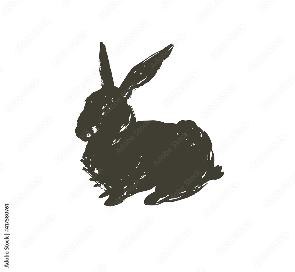 Hand drawn vector abstract sketch graphic scandinavian ink freehand textured black sihouette Happy Easter cute simple bunny illustrations greeting design element isolated on white background - obrazy, fototapety, plakaty 