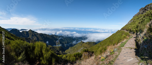 Trekking from Pico do Arieiro to Pico Ruivo, Madeira island, Portugal. Beautiful mountain view.