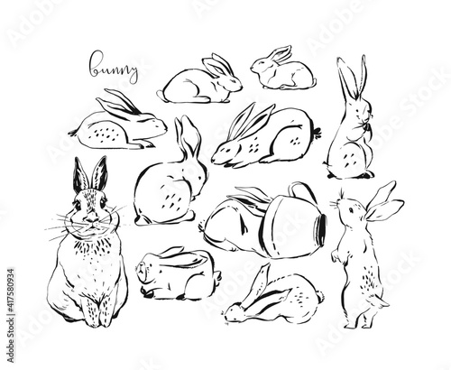 Hand drawn vector abstract ink sketch graphic drawing scandinavian Happy Easter simple bunny illustrations collection set with freehand collage textures in pastel colors isolated on white background