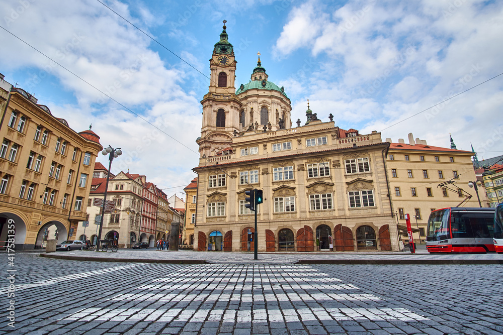 Green roof of St. Nicholas Church in the quarter of Mala Strana in Prague in Central Europe