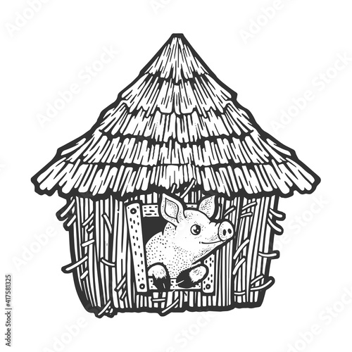 pig in straw house sketch engraving vector illustration. T-shirt apparel print design. Scratch board imitation. Black and white hand drawn image.