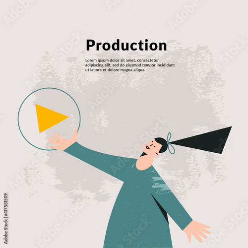 Young girl video blogger hold big play button. Startup concept flat vector cartoon texture illustration with female character isolated on background. Square template, card