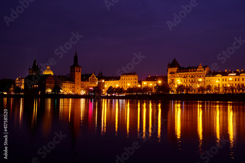 Long exposure night photography on the Vltava river in Prague, Czech Republic photo