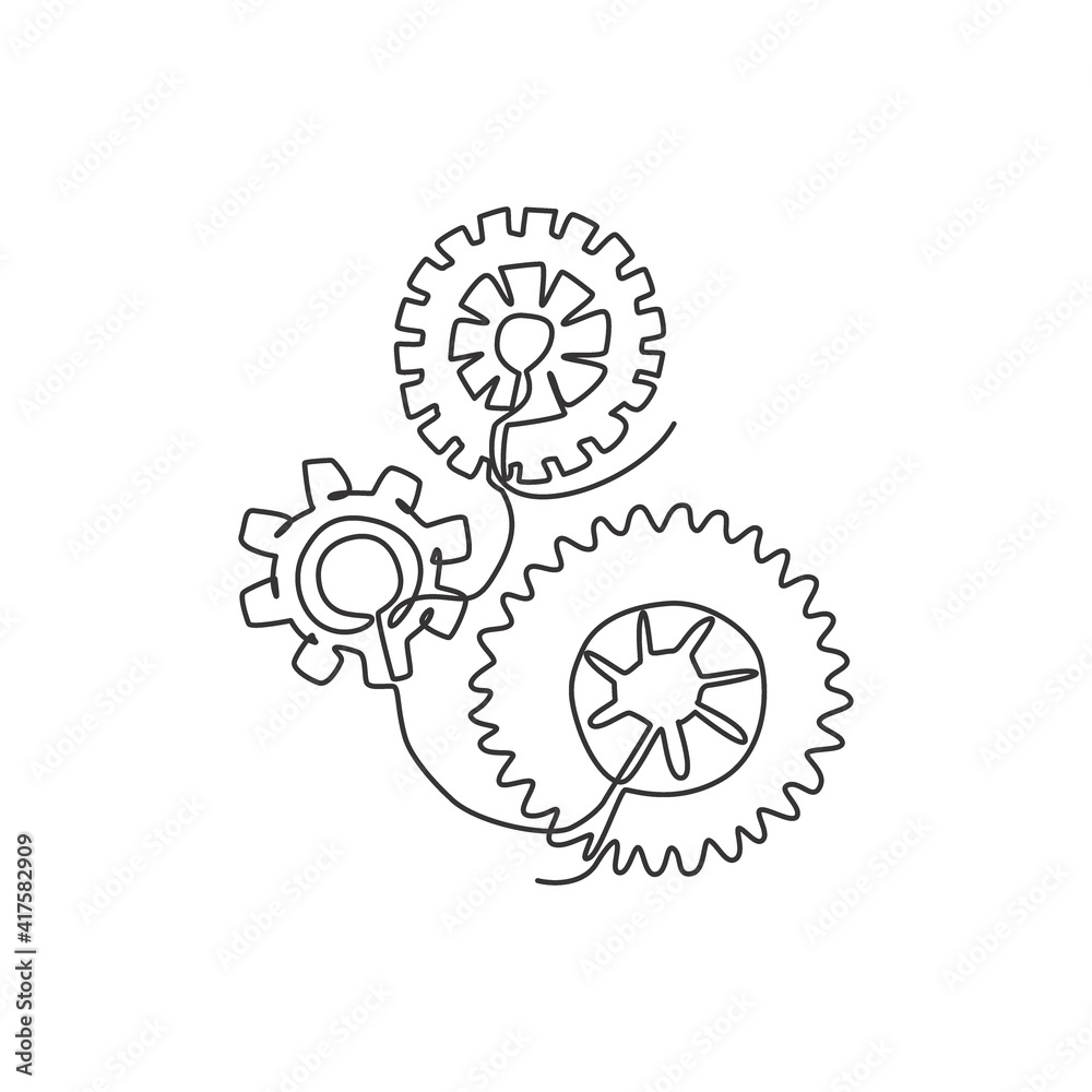 One continuous line drawing of mechanical engine gear icon logo emblem. Round wheel metal symbol logotype template for business teamwork concept. Modern single line draw design graphic illustration One continuous line drawing of mechanical engine gear icon logo emblem. Round wheel metal symbol logotype template for business teamwork concept. Modern single line draw design graphic illustration