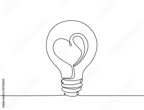 One continuous line drawing of shining lightbulb with power love icon logo emblem. Creative attraction symbol logotype template concept. Modern single line draw design graphic illustration