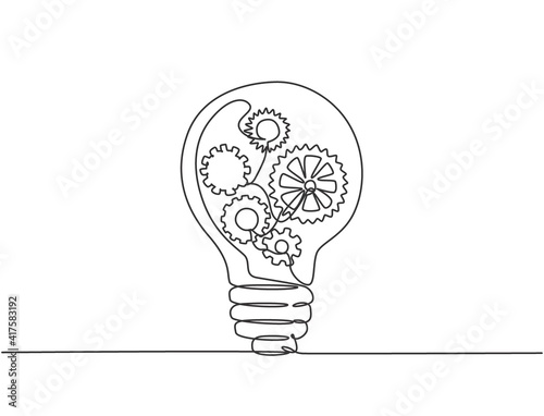 One single line drawing of lightbulb with metal gear wheel inside for machine company logo identity. Creative automotive workshop icon concept. Trendy continuous line draw design vector illustration