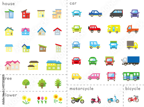家と車と二輪車と植物のアイコンセット(カラー)分類バージョン
