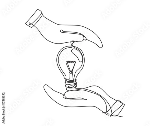 One continuous line drawing of hands protect light bulb icon logo emblem. Safe protection company symbol logotype template concept. Modern single line draw design graphic illustration