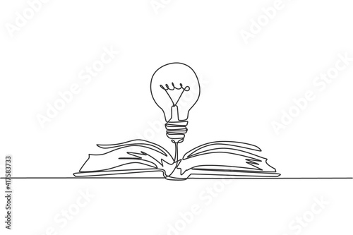 One single line drawing of shining light bulb above open text book logo identity. Knowledge study club logotype icon template concept. Dynamic continuous line draw design graphic vector illustration