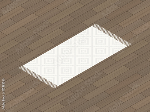Isometric beige carpet with gray diamond pattern. Vector isometric illustration. 3D flat style vector illustration. Rhombus carpet with fringe on wooden floor background