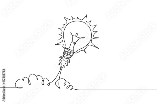 One continuous line drawing of light bulb ready to take off to space logo emblem. Smart bright launch program logotype icon template concept. Modern single line draw graphic design vector illustration