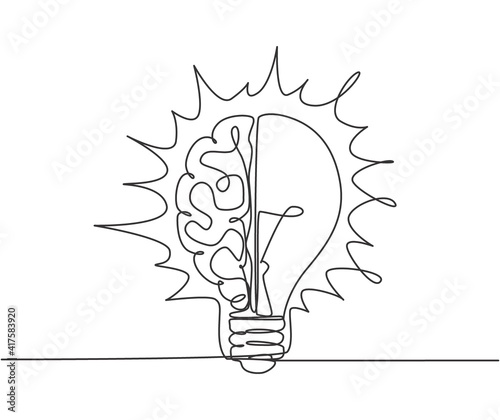 One continuous line drawing of half human brain and half light bulb logo emblem. Genius psychological logotype icon template concept. Modern single line draw graphic design vector illustration