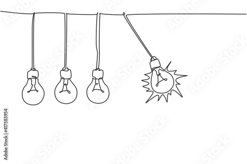One continuous line drawing of pendulum light bulb swinging ready to break other bulb logo emblem. Suitable for wall poster concept. Trendy single line draw graphic design vector illustration