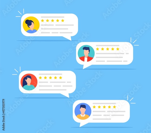 User reviews and feedback concept. User reviews online. Customer feedback review experience rating concept. User client service message. Vector illustration in flat style