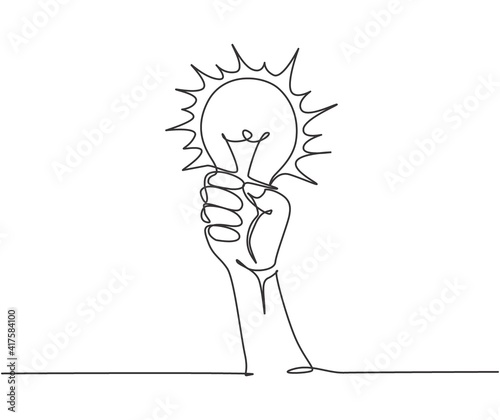 One single line drawing of human hand hold light bulb logo identity. Power up energy logotype icon template concept. Dynamic continuous line draw design graphic vector illustration