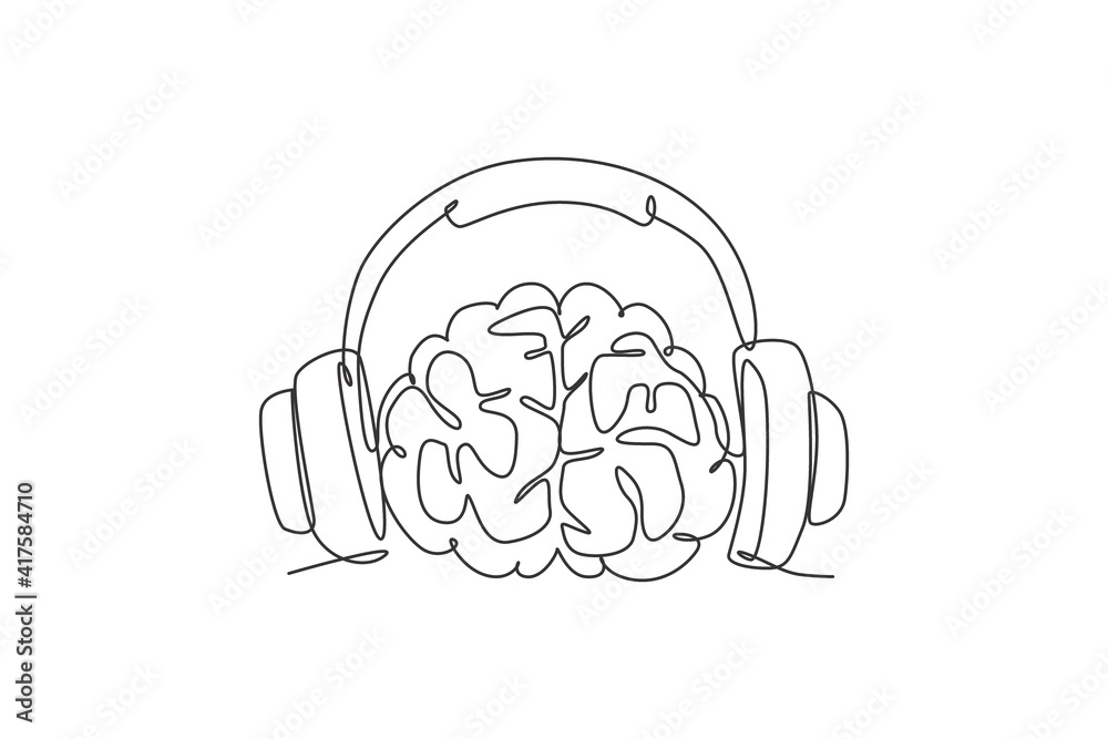 Single Continuous Line Drawing Of Human Brain Listening Music Beat For Musical Company Logo Label Smart Audio Dj Logotype Icon Concept Modern One Line Draw Graphic Design Vector Illustration Stock ベクター