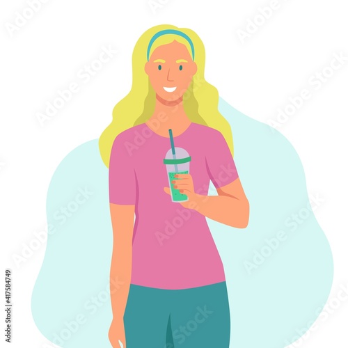 A young woman drinks a smoothie, fresh juice, a cocktail. The concept of proper nutrition, healthy lifestyle. Fat cartoon illustration.
