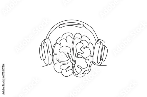 One continuous line drawing of human brain listening to music using wire headphone logo icon. Smart dj logotype symbol template concept. Trendy single line draw graphic design vector illustration
