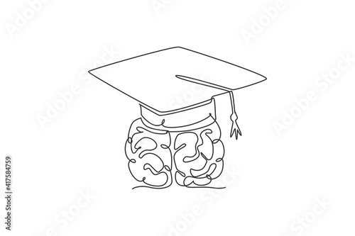 Single continuous line drawing of human brain wearing graduation cap logo label. Academical study course logotype icon concept. Modern one line draw graphic design vector illustration
