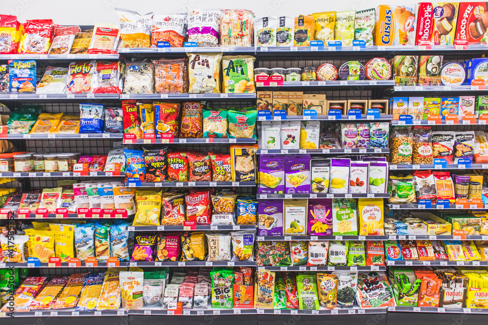 Snacks In Store HANOI,VIETNAM - March 1,2021 -Variety of snack, chips, cookies ...