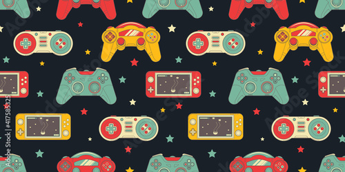 Vector Seamless Retro pattern with joysticks. Video game controller gaming cool print for boys and girls. Print for textiles, sportswear.