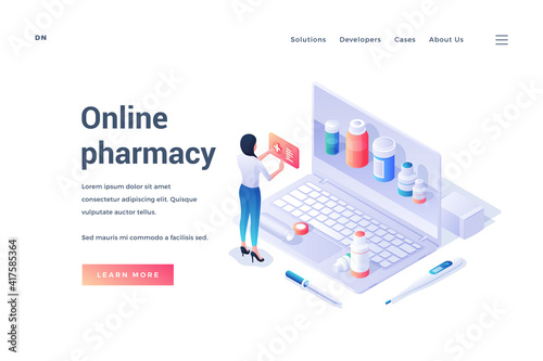 Cartoon woman shopping on website of online pharmacy