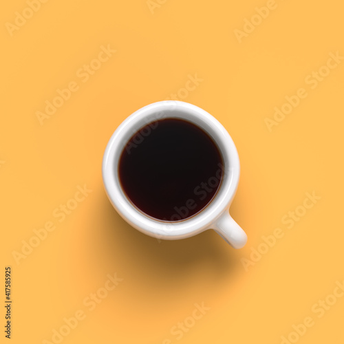 3d top view image of coffe cup on yellow background 3d render. Flat lay. Copy space. 3d render.
