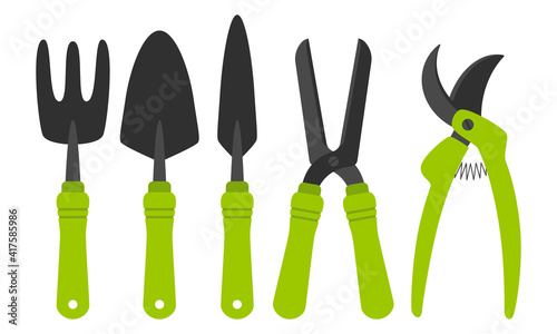 Collection of garden tools. Hoe, cultivator, shovel,pruner, cultivator, pruning shears. A set of gardening tools. Design elements in a cartoon flat style. Isolated on a white background.