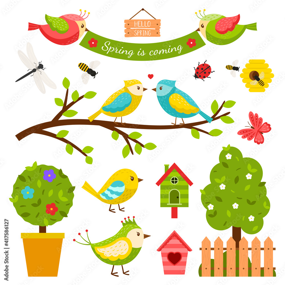 Collection of design elements on the theme of spring. Colorful cartoon birds, insects, trees, birdhouse, characters. Cute characters. A set of vector illustrations in a flat style. Isolated on white Collection of design elements on the theme of spring. Colorful cartoon birds, insects, trees, birdhouse, characters. Cute characters. A set of vector illustrations in a flat style. Isolated on white