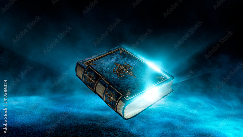 Obraz premium Magic vintage fantasy book on a dark background, landscape, smoke, fog, neon moonlight in the dark. 3D illustration.