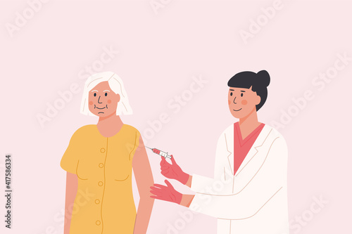 Female doctor in medical gown and gloves gives vaccine shot to elderly patient. Vaccination campaign. Concept illustration for immunity health. Covid Coronavirus jab. Flat illustration.