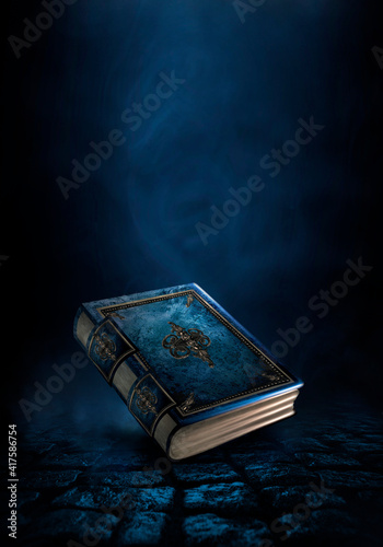 Magic vintage fantasy book on a dark background, landscape, smoke, fog, neon moonlight in the dark. 3D illustration. 