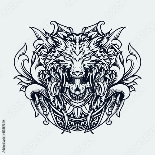 tattoo and t-shirt design black and white hand drawn illustration wolf and skull engraving ornament