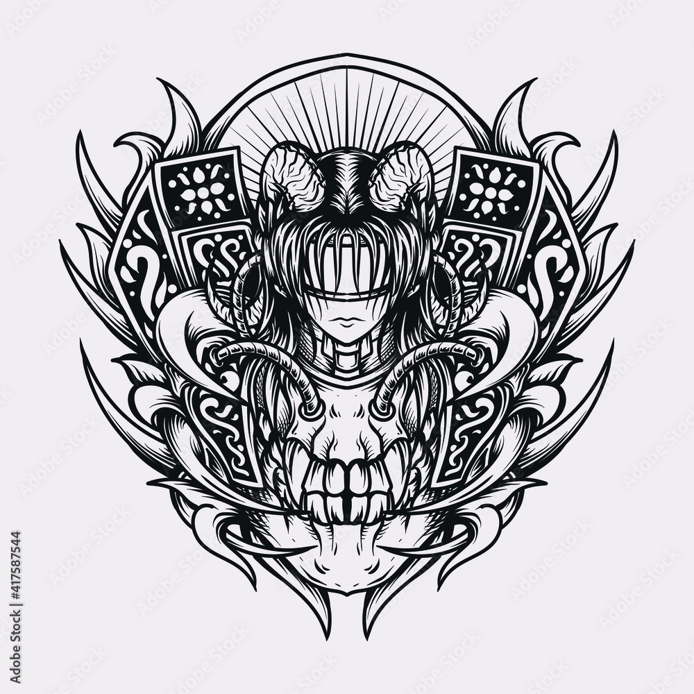 Obraz premium tattoo and t-shirt design black and white hand drawn illustration devil women skull engraving ornament