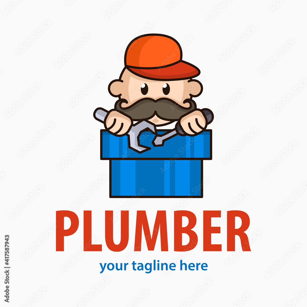 Funny concept plumber climbs out of the pipe for logo. Cute repairman icon. Funny concept plumber climbs out of the pipe for logo. Cute repairman icon.
